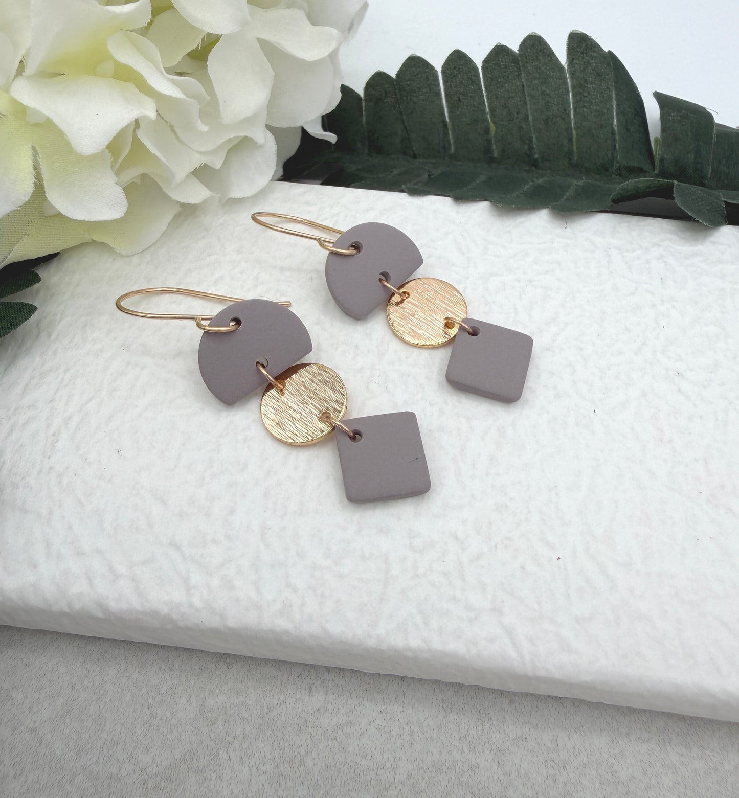 Earrings Made with Pink Gray Polymer Clay Half Circles and Squares and Gold Plated Circles - PCE-956