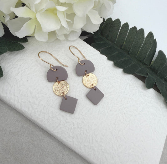 Earrings Made with Pink Gray Polymer Clay Half Circles and Squares and Gold Plated Circles - PCE-956