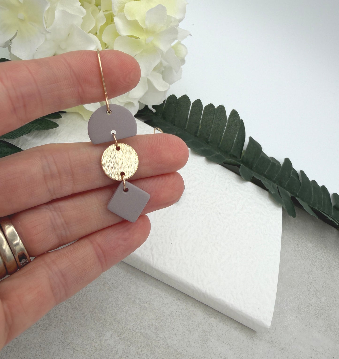Earrings Made with Pink Gray Polymer Clay Half Circles and Squares and Gold Plated Circles - PCE-956