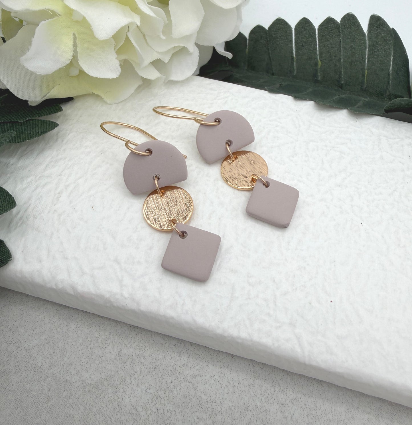Earrings Made with Pink Gray Polymer Clay Half Circles and Squares and Gold Plated Circles - PCE-957