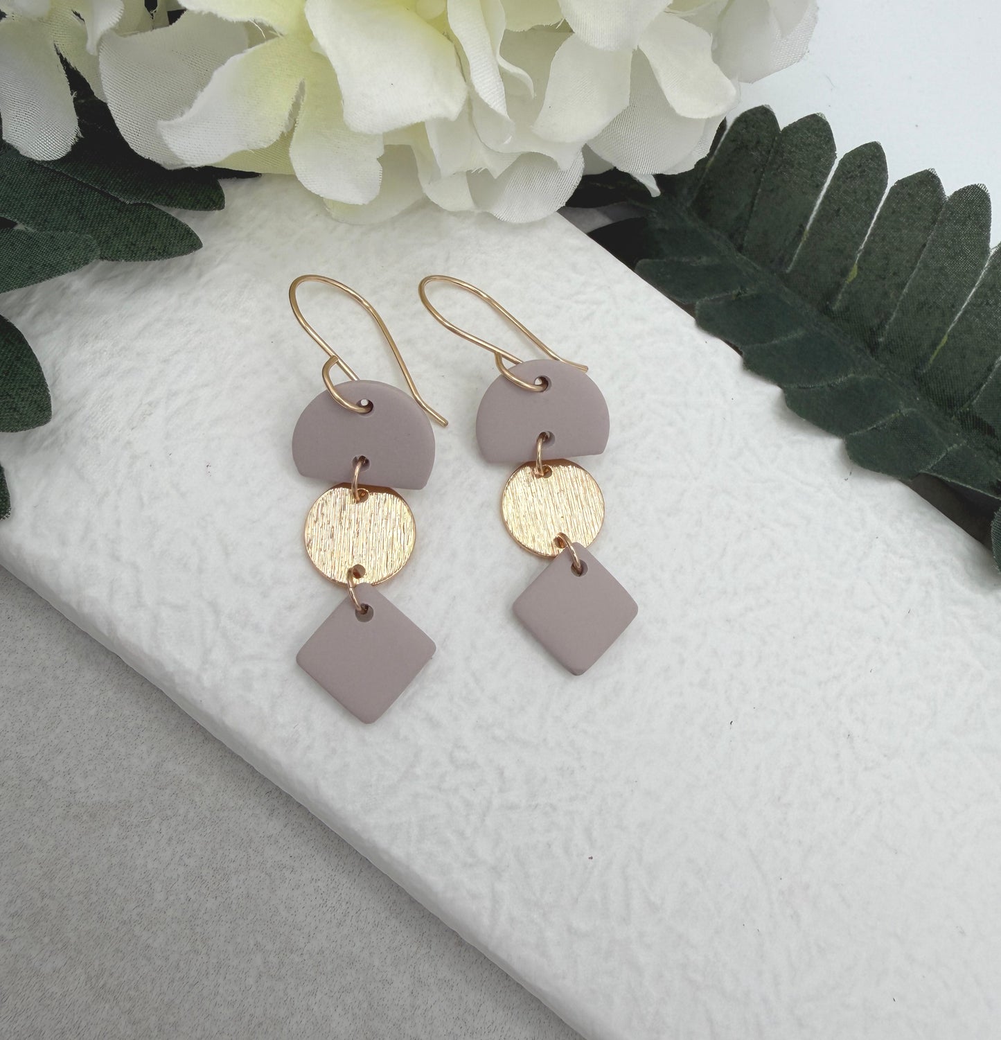 Earrings Made with Pink Gray Polymer Clay Half Circles and Squares and Gold Plated Circles - PCE-957