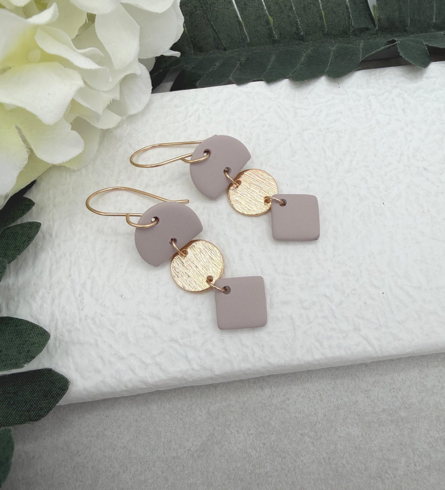 Earrings Made with Pink Gray Polymer Clay Half Circles and Squares and Gold Plated Circles - PCE-957