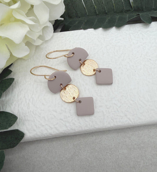 Earrings Made with Pink Gray Polymer Clay Half Circles and Squares and Gold Plated Circles - PCE-957