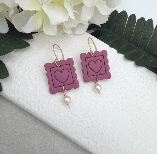 Earrings Made with Pink Polymer Clay Postage Stamps with Hearts and Pearls - PCE-958