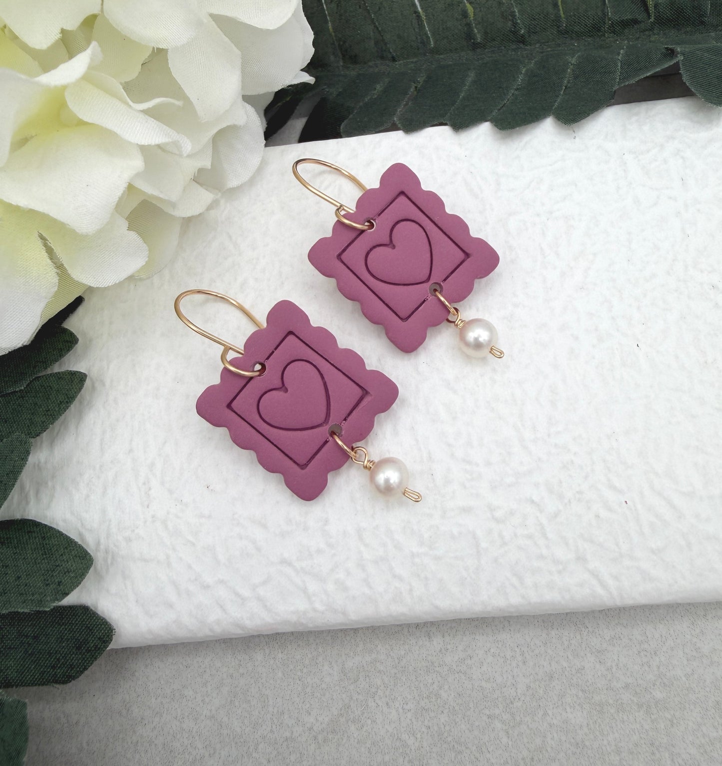 Earrings Made with Pink Polymer Clay Postage Stamps with Hearts and Pearls - PCE-958
