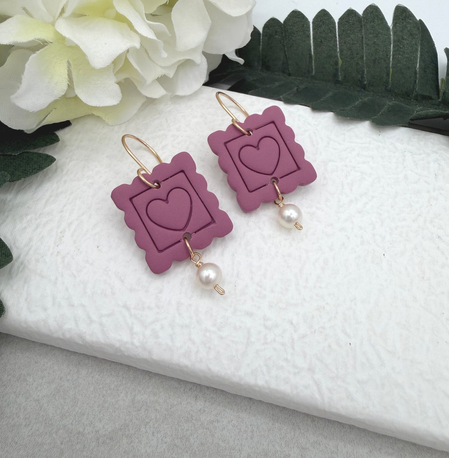 Earrings Made with Pink Polymer Clay Postage Stamps with Hearts and Pearls - PCE-958