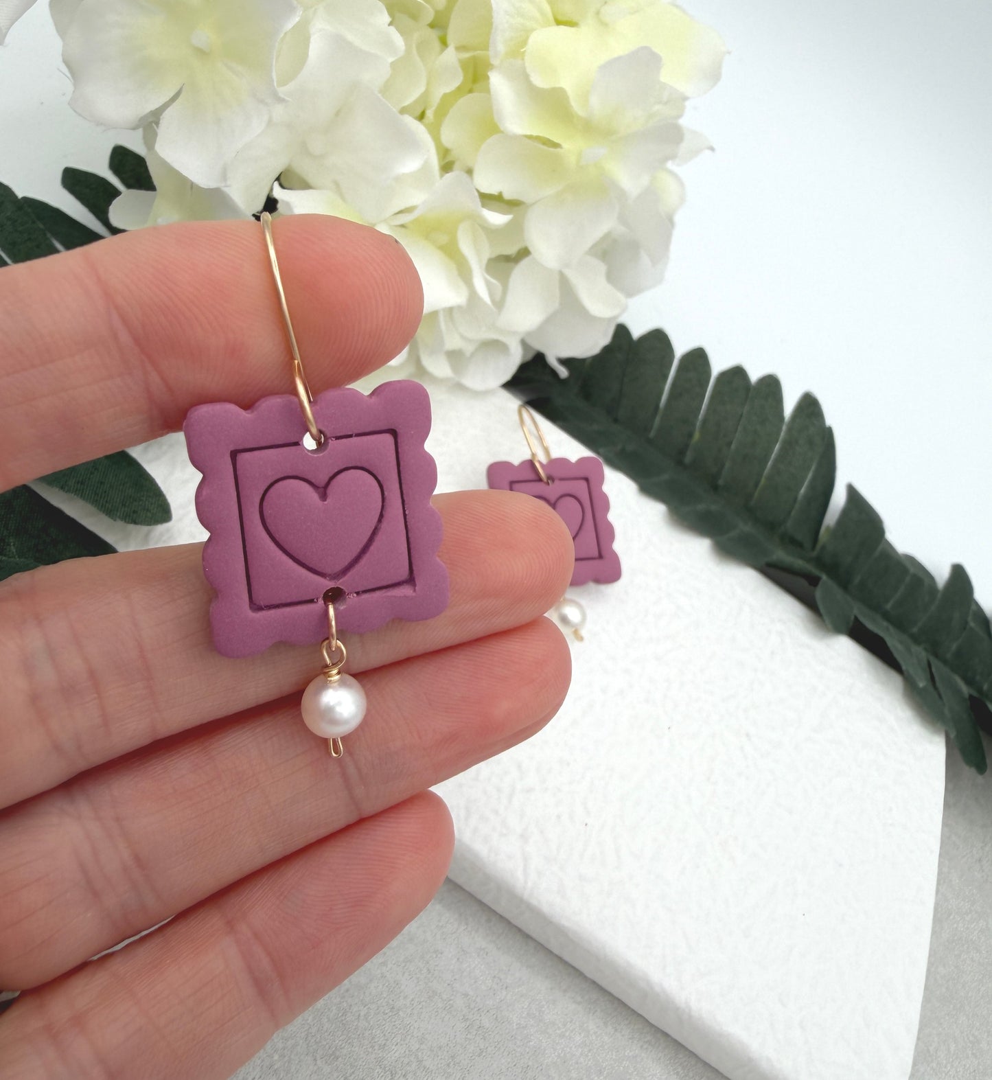 Earrings Made with Pink Polymer Clay Postage Stamps with Hearts and Pearls - PCE-958