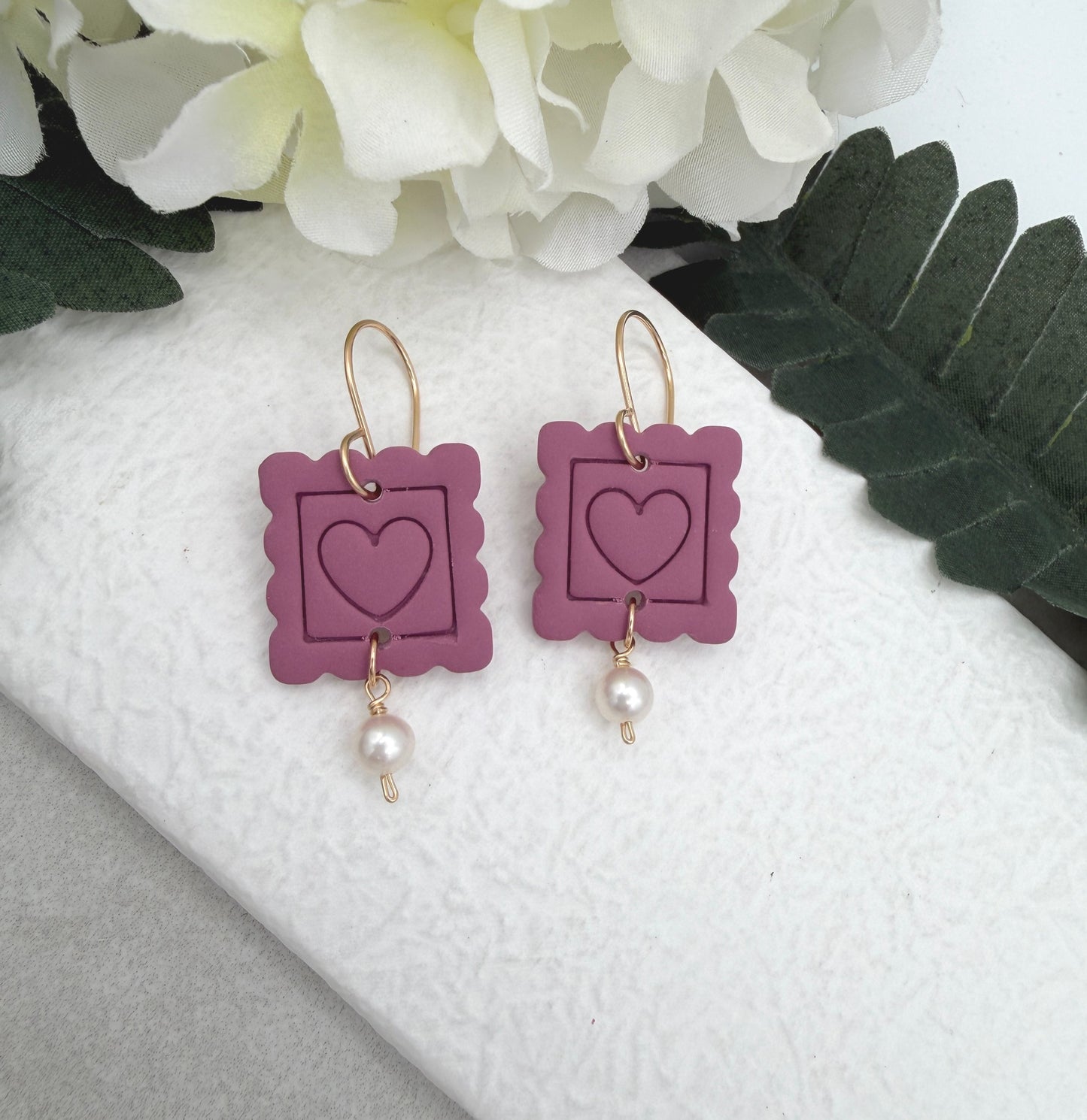 Earrings Made with Pink Polymer Clay Postage Stamps with Hearts and Pearls - PCE-958
