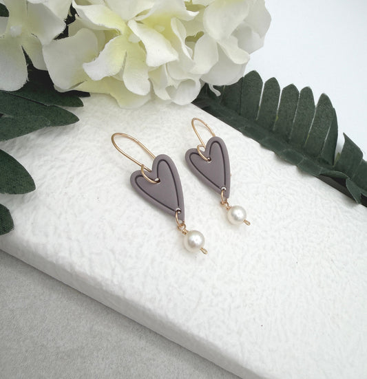 Earrings Made with Pink Gray Polymer Clay Hearts and Pearls - PCE-959