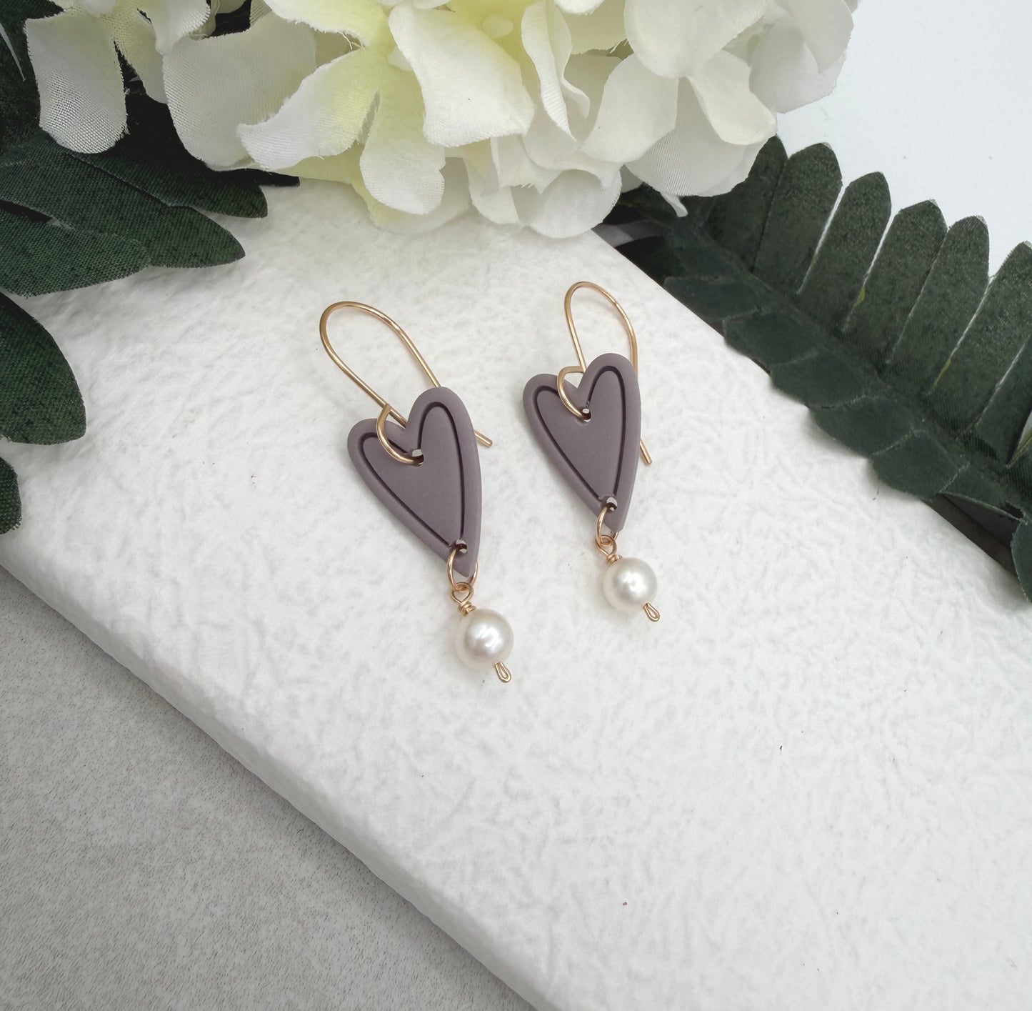 Earrings Made with Pink Gray Polymer Clay Hearts and Pearls - PCE-959