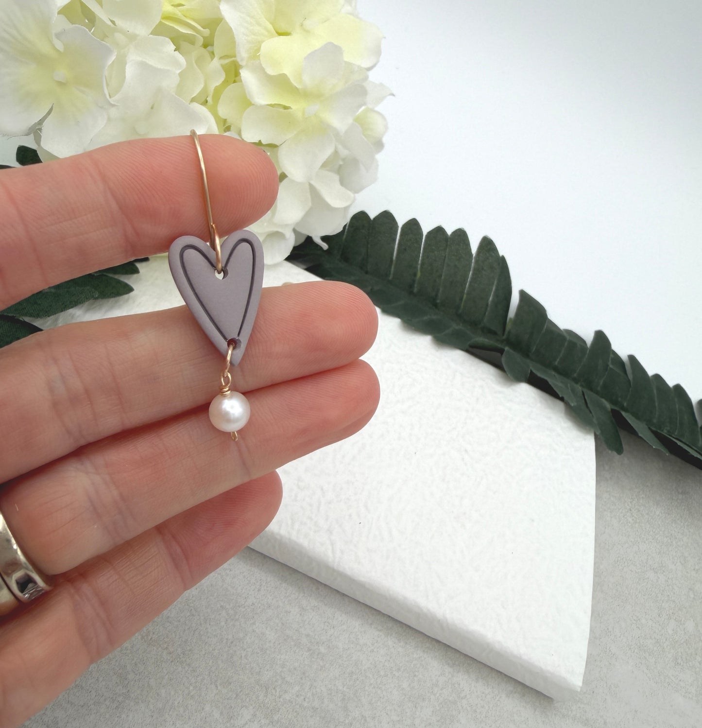 Earrings Made with Pink Gray Polymer Clay Hearts and Pearls - PCE-959