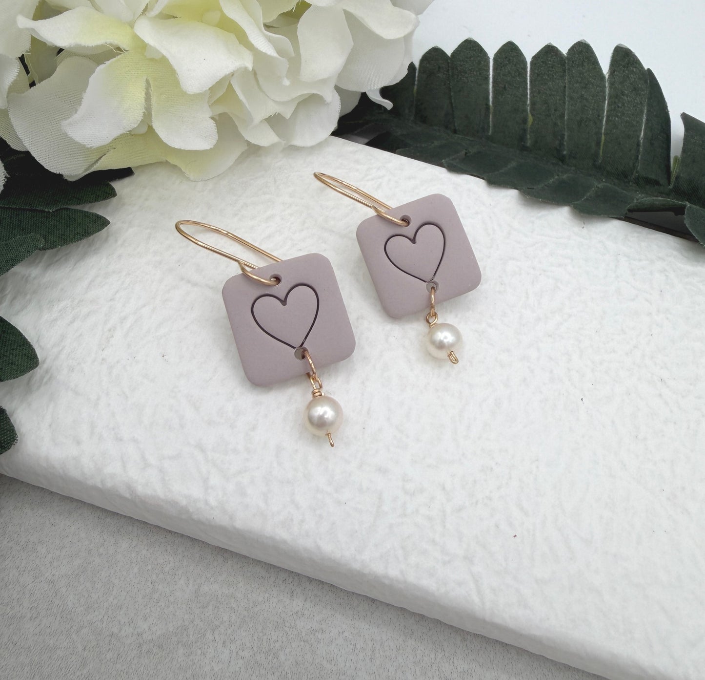 Earrings Made with Pink Gray Polymer Clay Squares with Hearts and Pearls - PCE-960