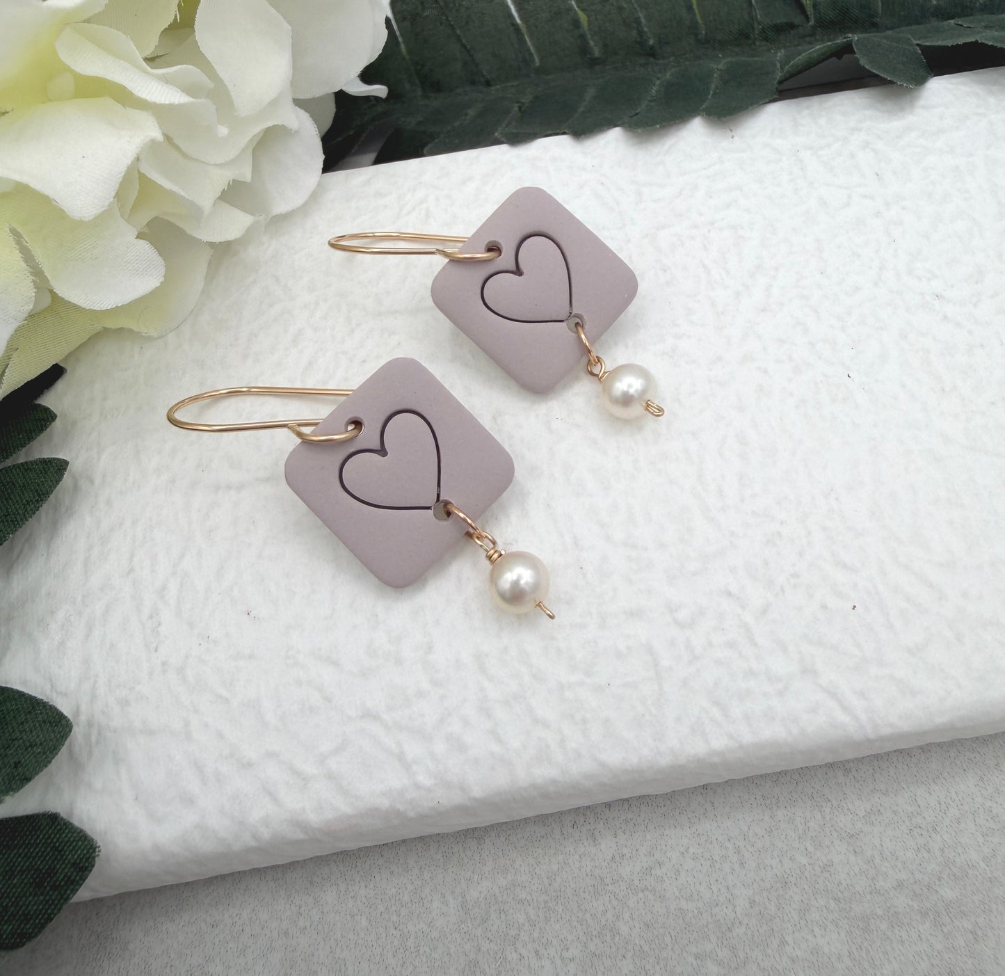 Earrings Made with Pink Gray Polymer Clay Squares with Hearts and Pearls - PCE-960