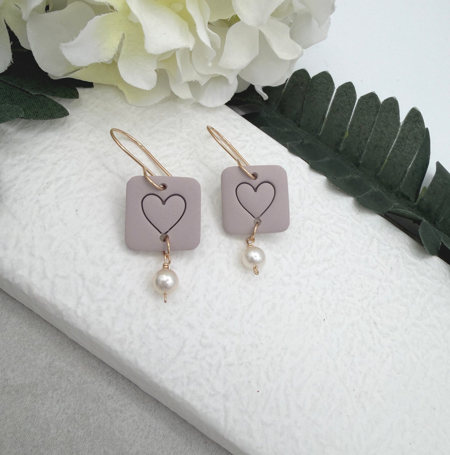 Earrings Made with Pink Gray Polymer Clay Squares with Hearts and Pearls - PCE-960