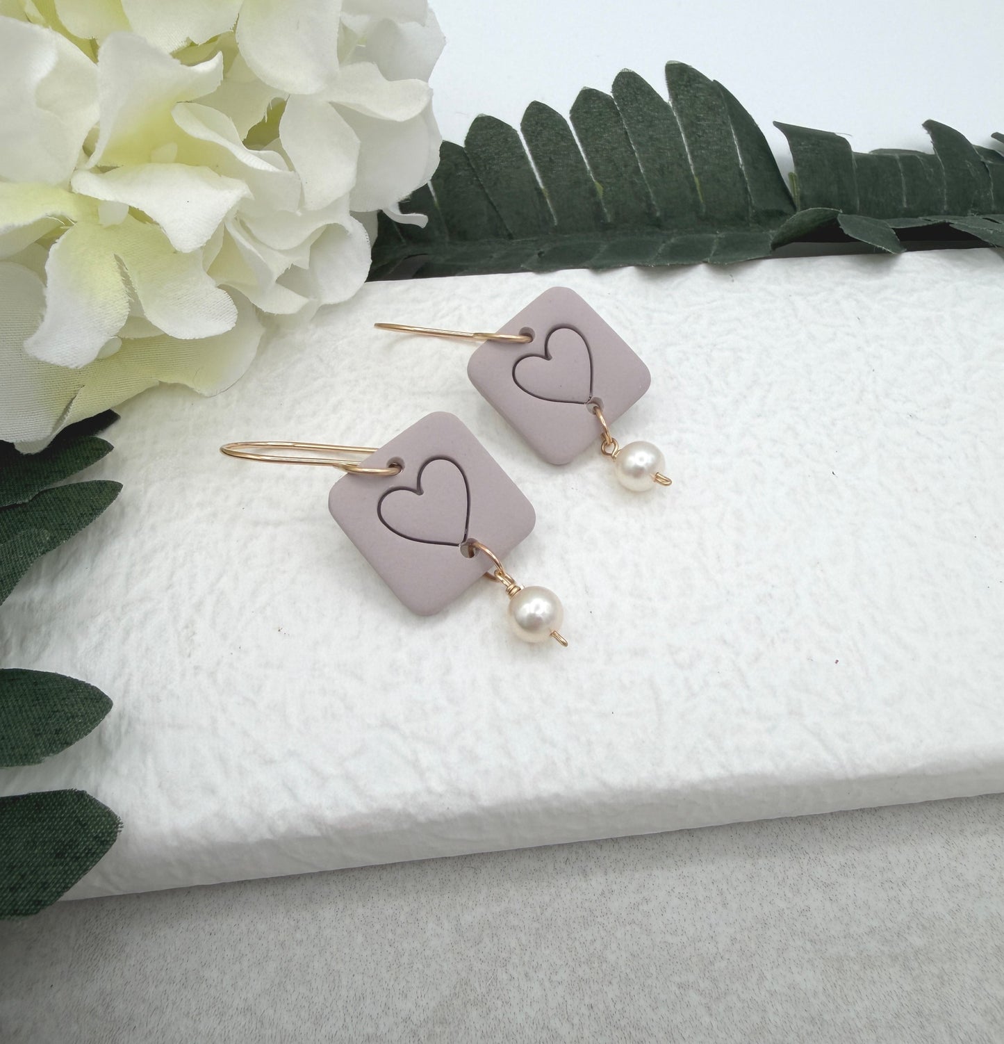 Earrings Made with Pink Gray Polymer Clay Squares with Hearts and Pearls - PCE-960