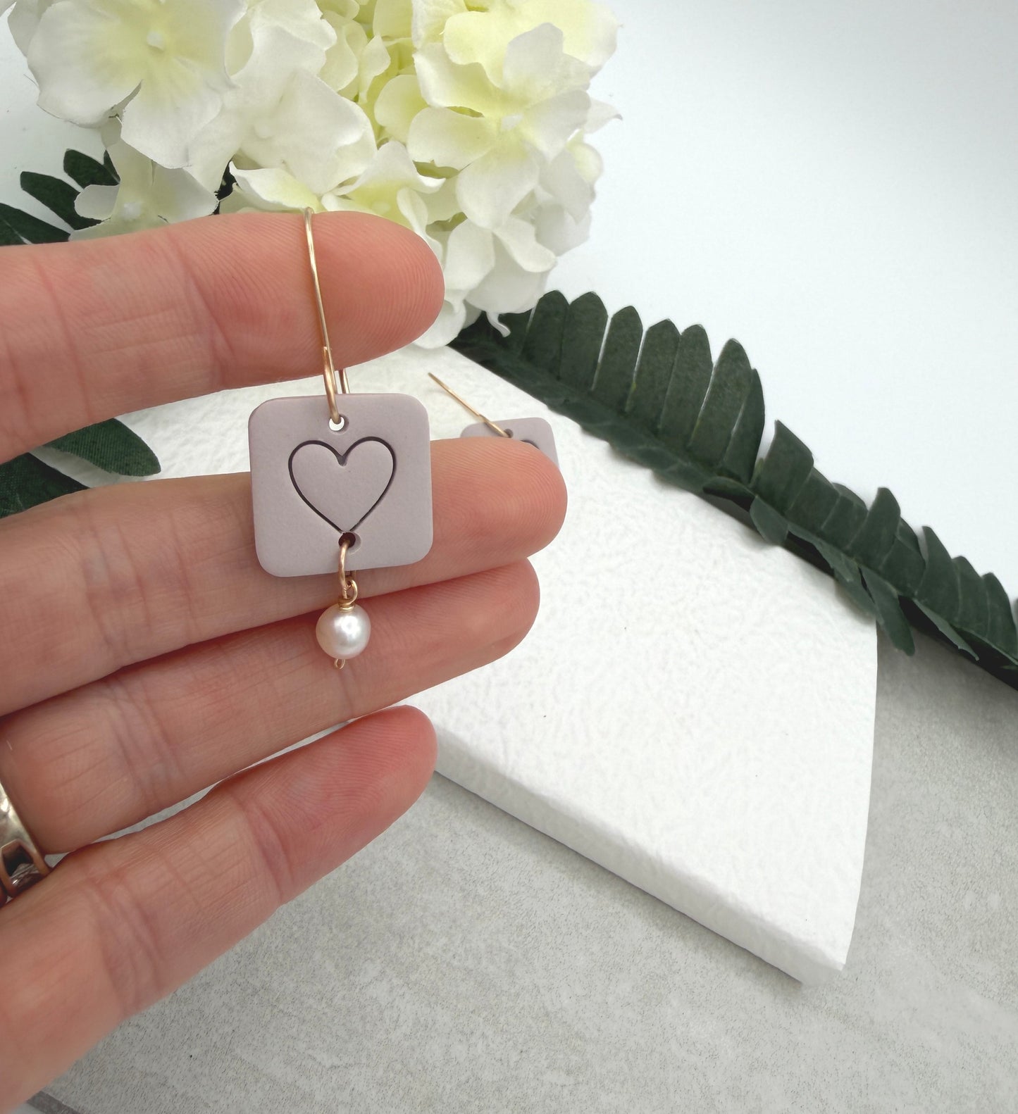 Earrings Made with Pink Gray Polymer Clay Squares with Hearts and Pearls - PCE-960