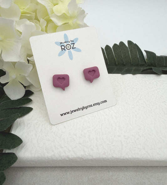 Stud Earrings Made with Pink Polymer Clay Heart Talk Bubbles and Sterling Silver Posts PCE-964