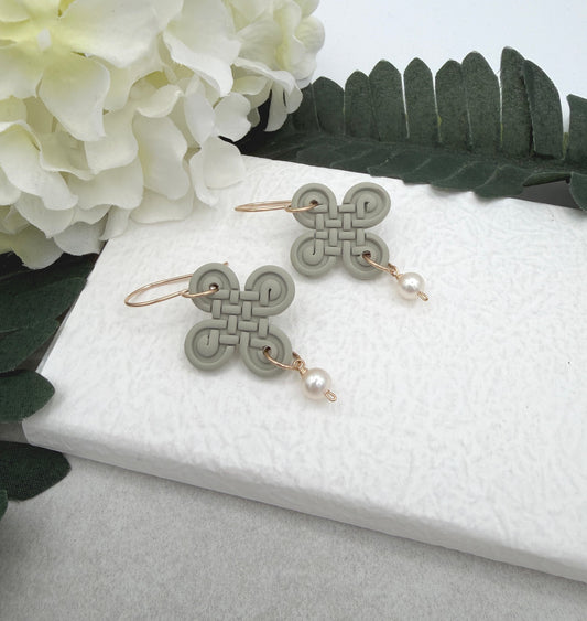 Earrings Made with Green Polymer Clay Celtic Knots with Pearls - PCE-965