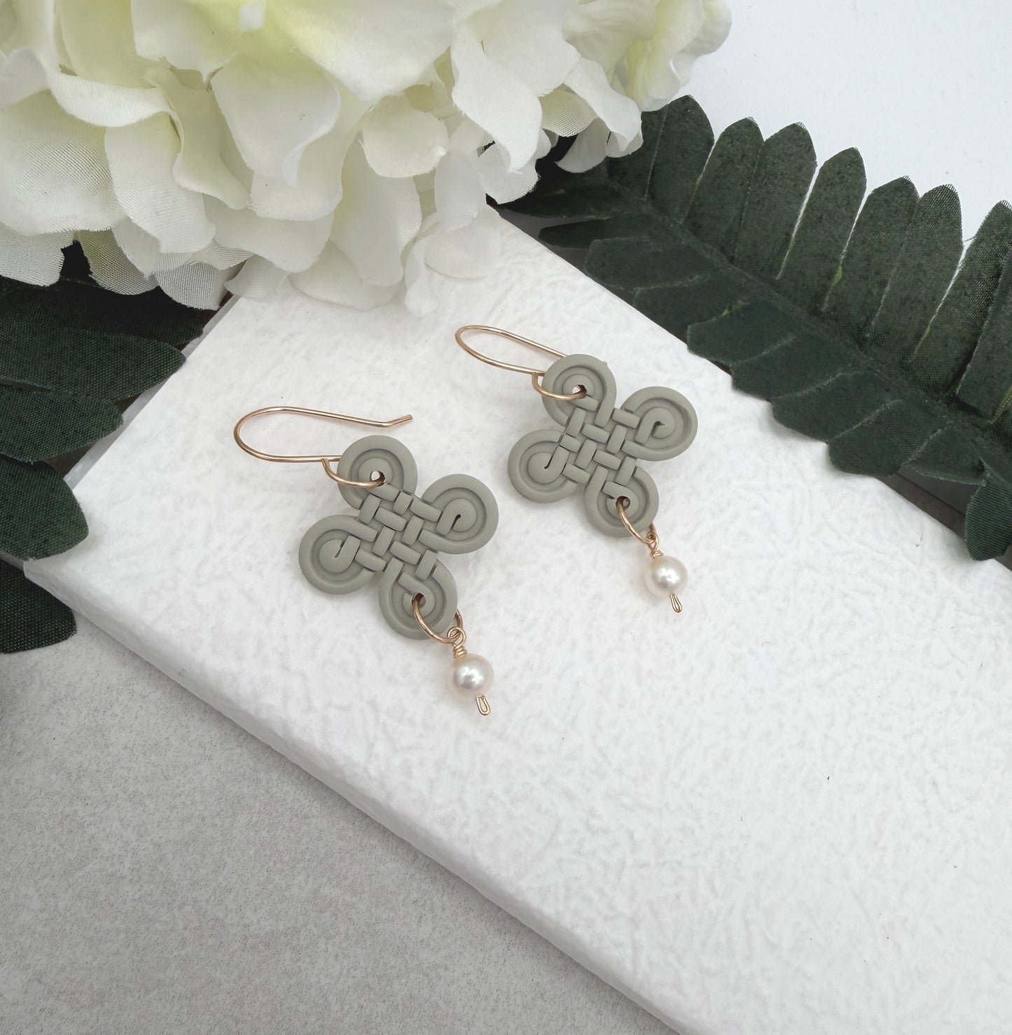 Earrings Made with Green Polymer Clay Celtic Knots with Pearls - PCE-965