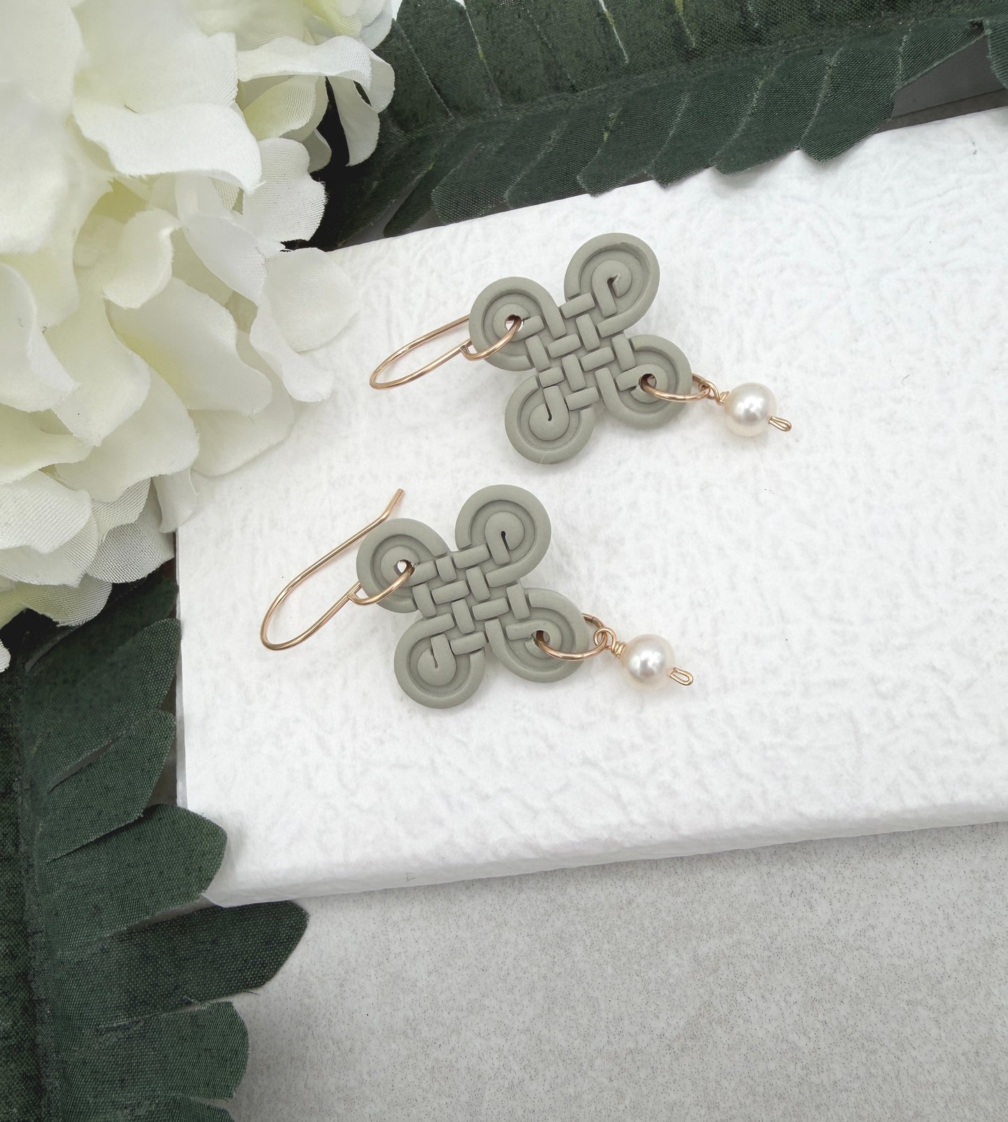 Earrings Made with Green Polymer Clay Celtic Knots with Pearls - PCE-965