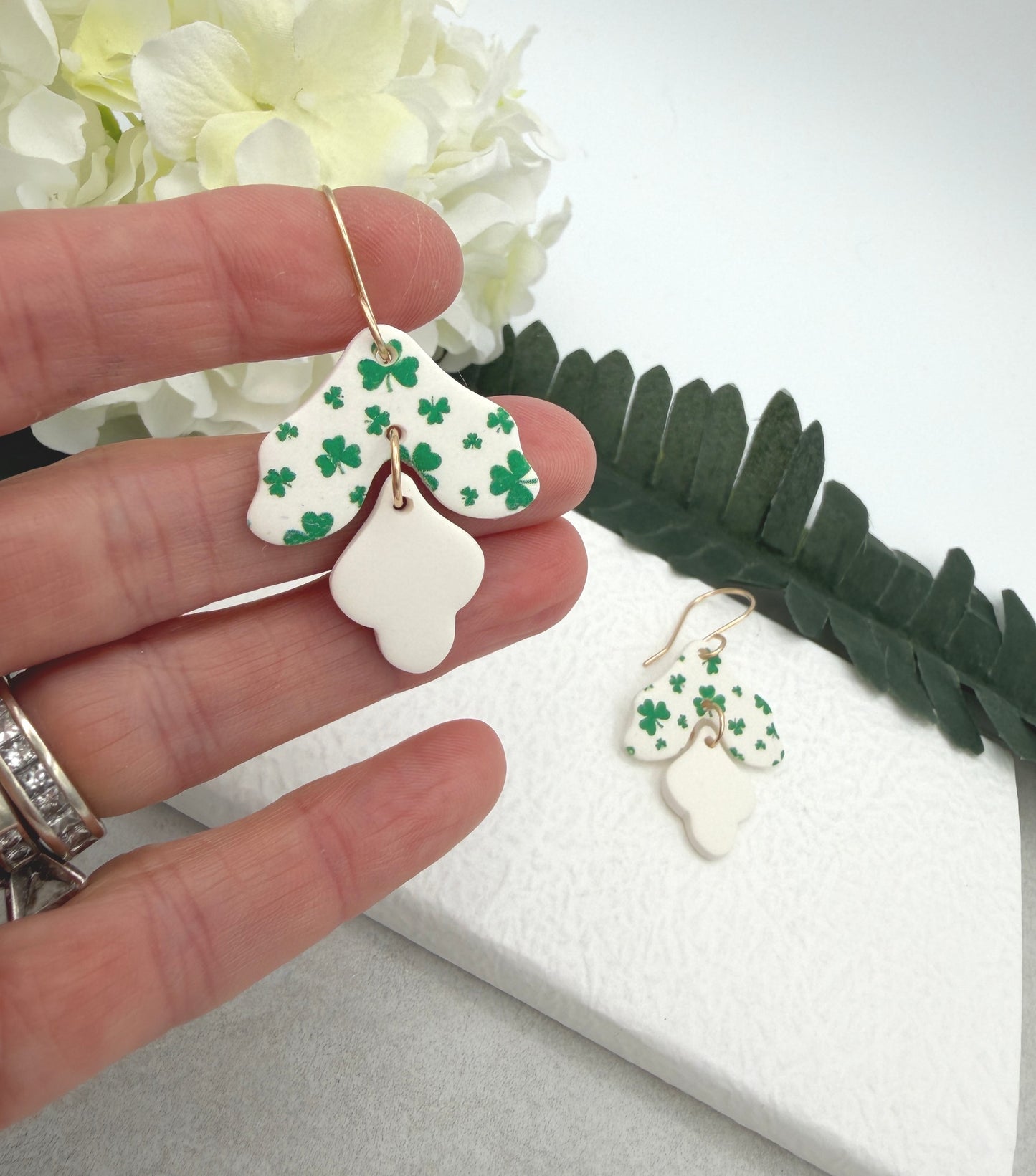 Earrings Made with White Polymer Clay Petals with a Green Clover Design - PCE-966