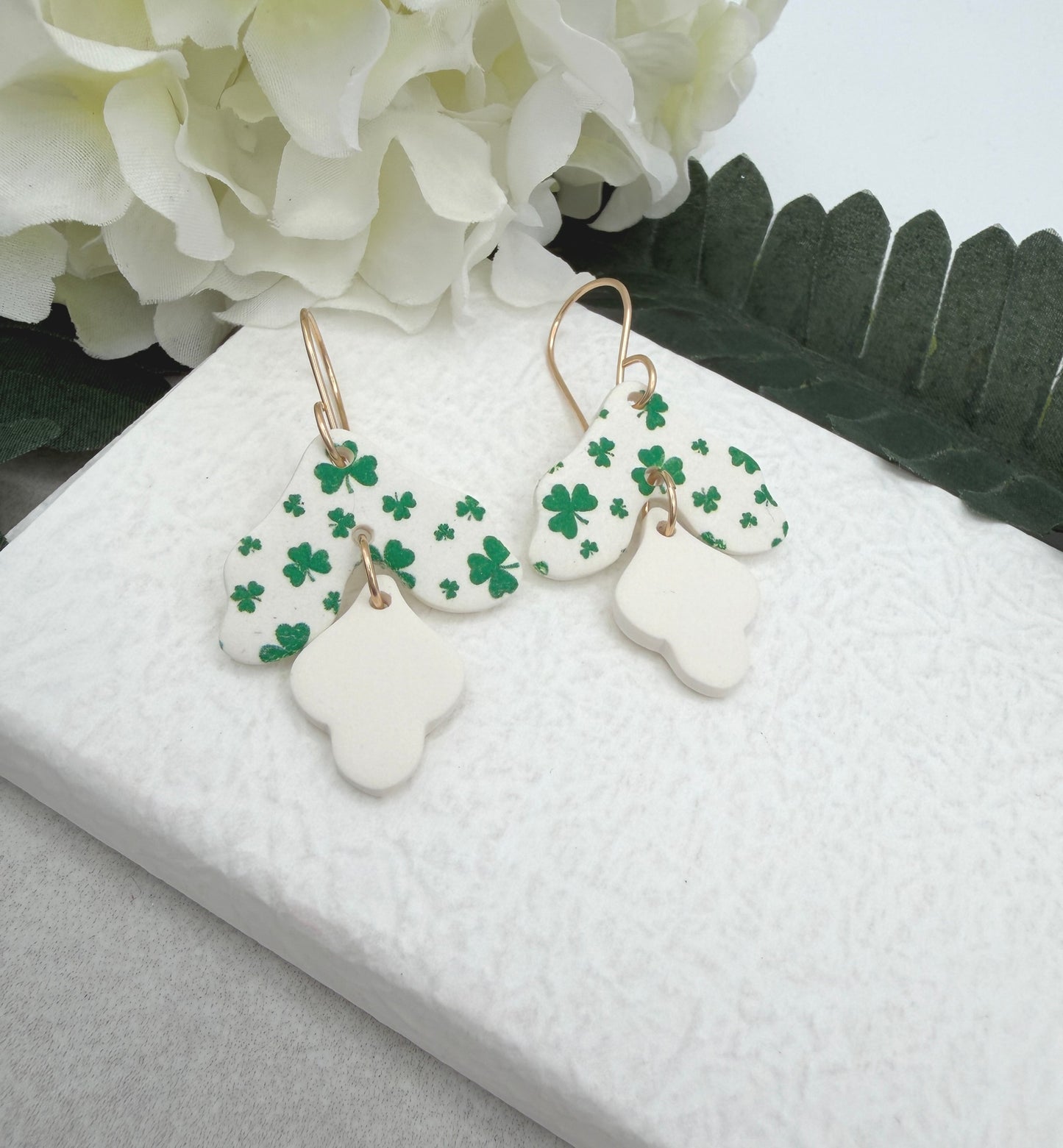 Earrings Made with White Polymer Clay Petals with a Green Clover Design - PCE-966