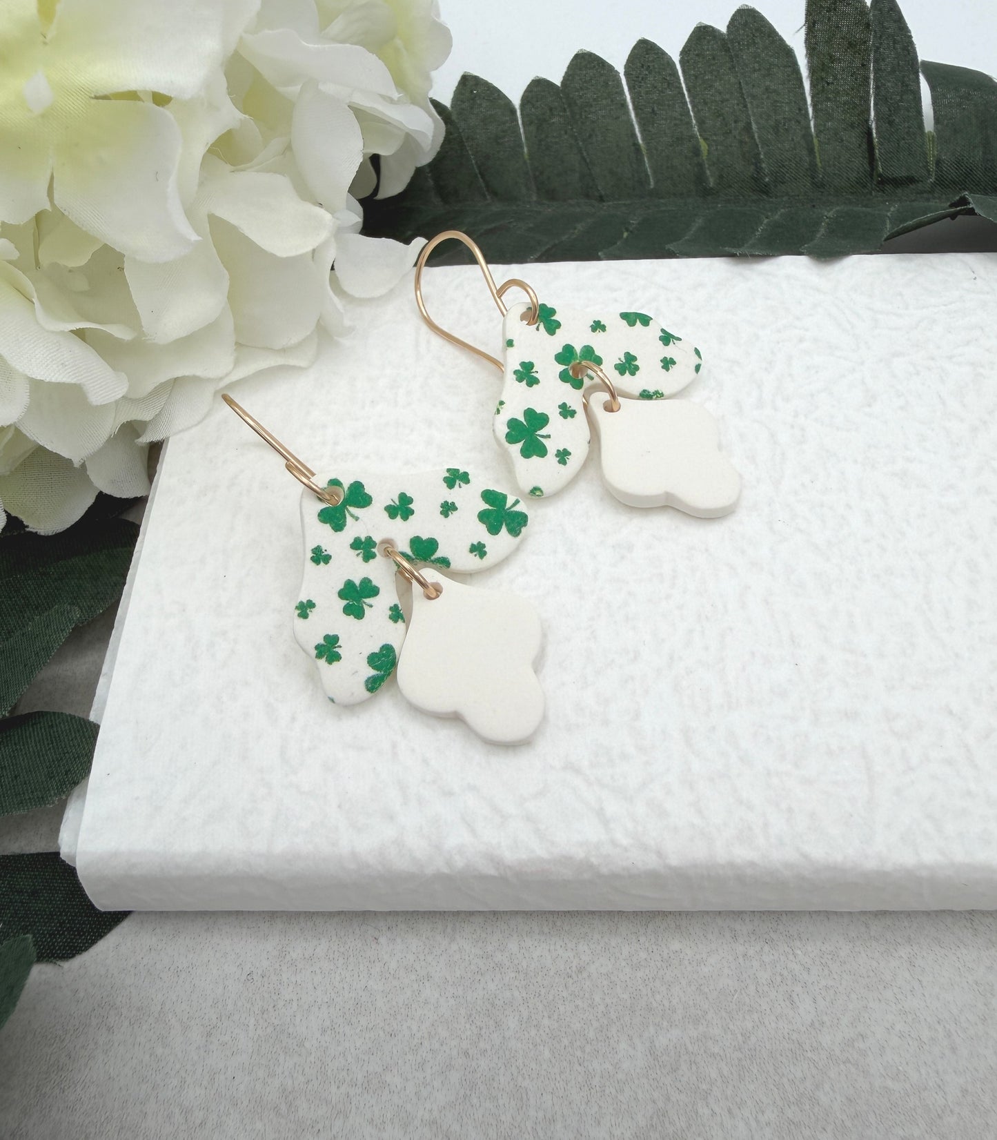 Earrings Made with White Polymer Clay Petals with a Green Clover Design - PCE-966