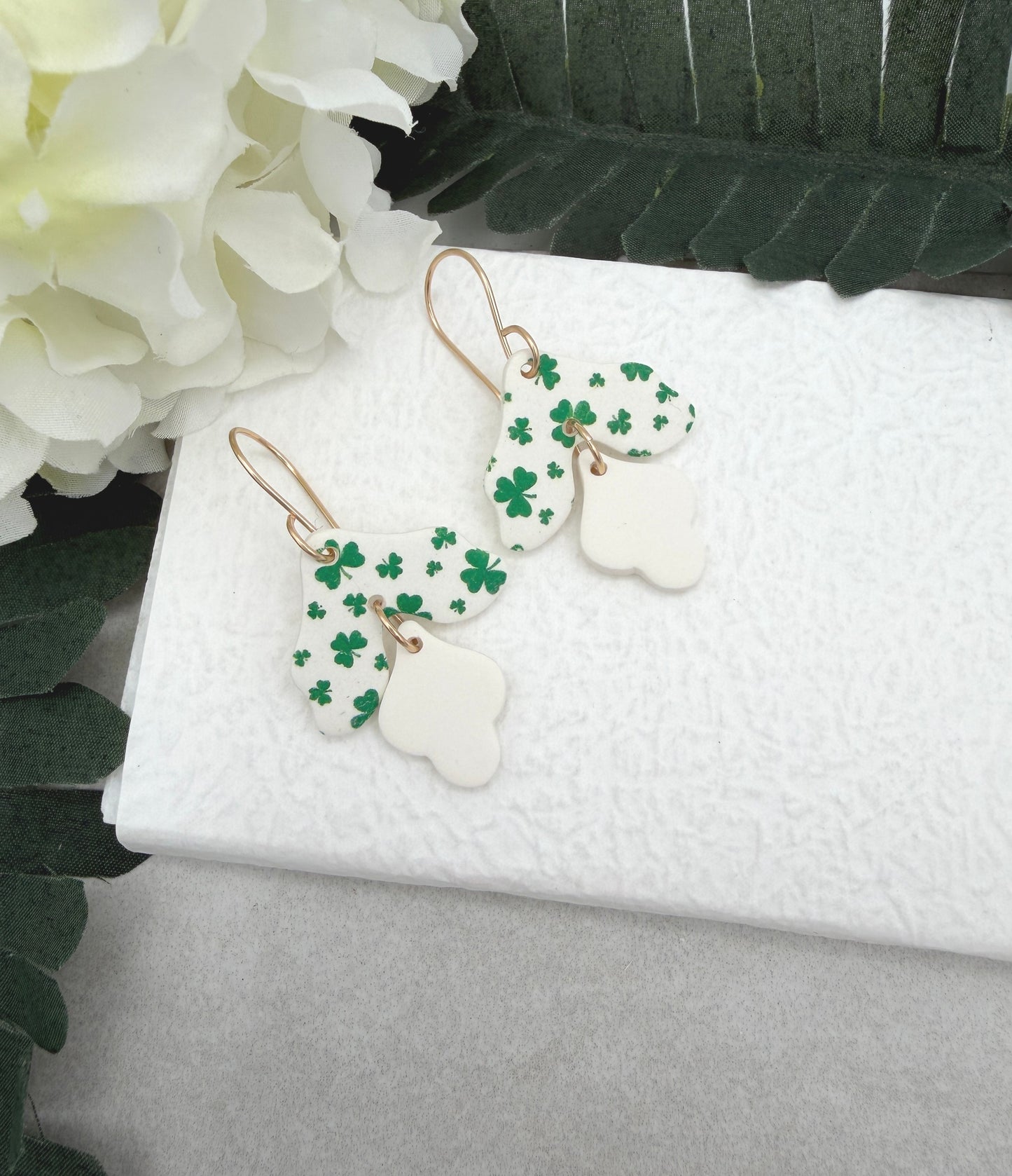 Earrings Made with White Polymer Clay Petals with a Green Clover Design - PCE-966