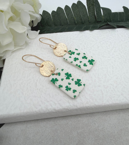 Earrings Made with White Polymer Clay Rectangles with a Green Clover Design and Gold Plated Circles - PCE-967