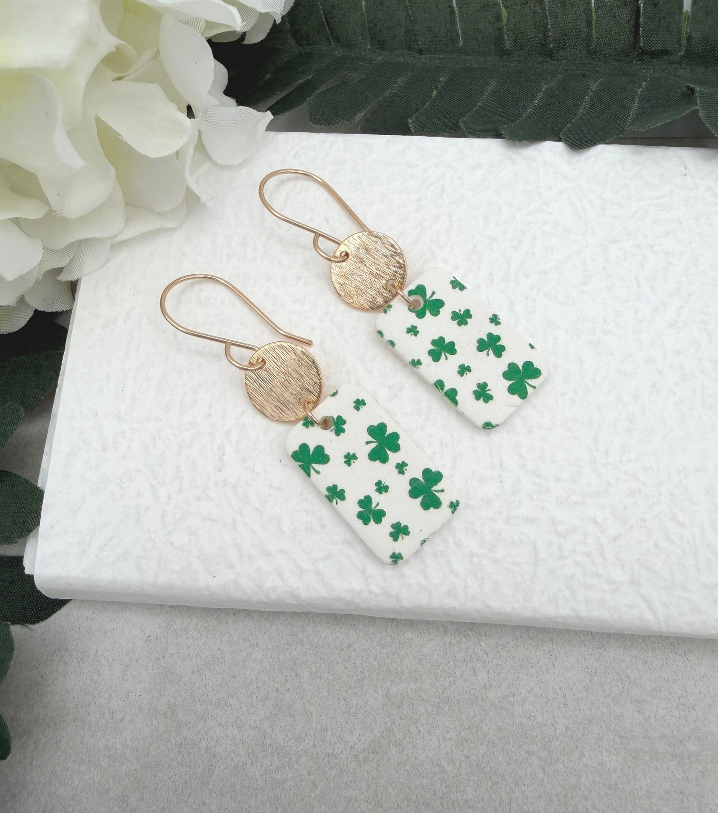 Earrings Made with White Polymer Clay Rectangles with a Green Clover Design and Gold Plated Circles - PCE-967