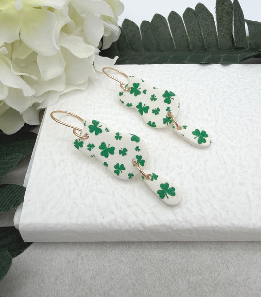 Earrings Made with White Polymer Clay Cats with a Green Clover Design  - PCE-968