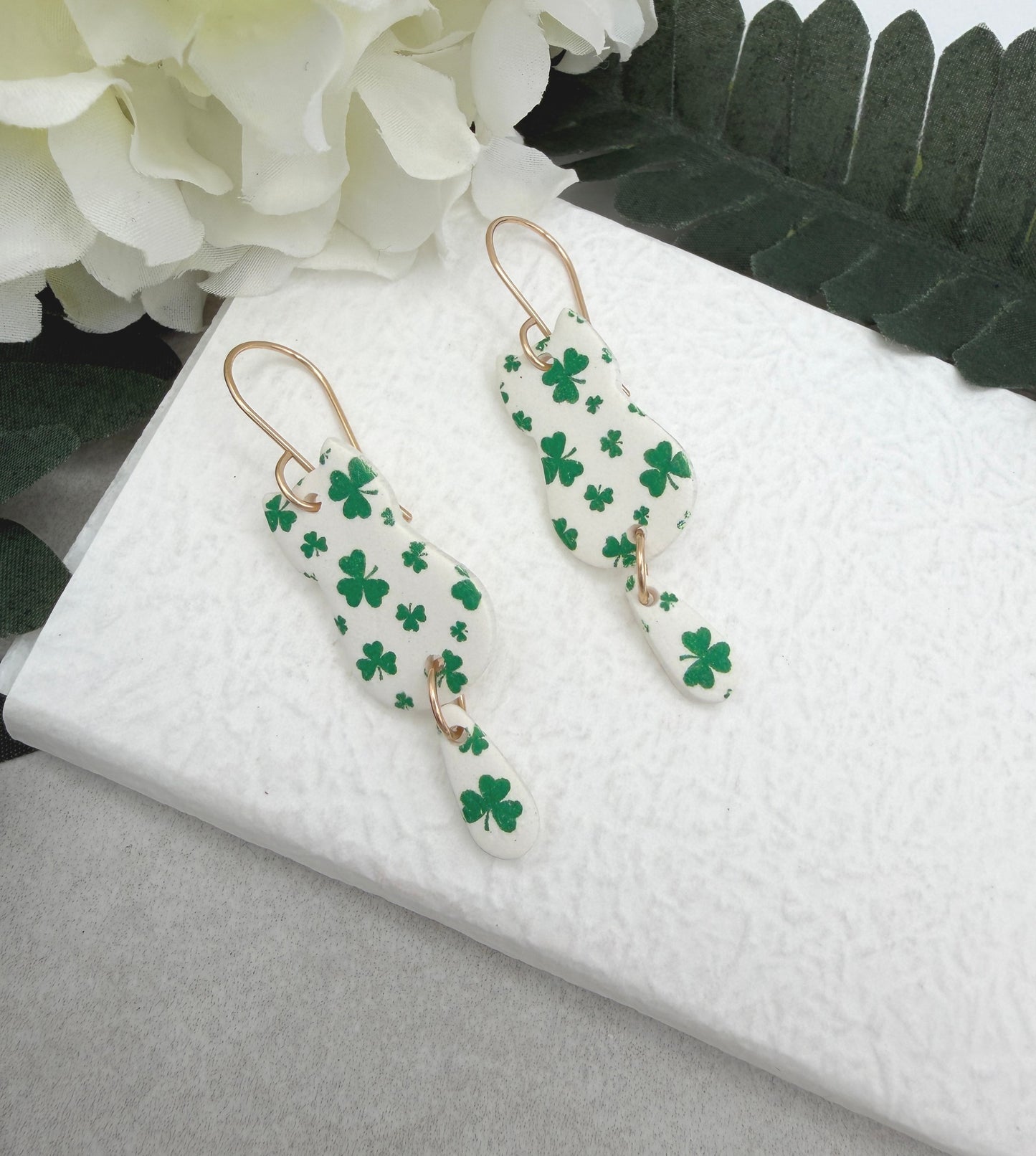 Earrings Made with White Polymer Clay Cats with a Green Clover Design  - PCE-968