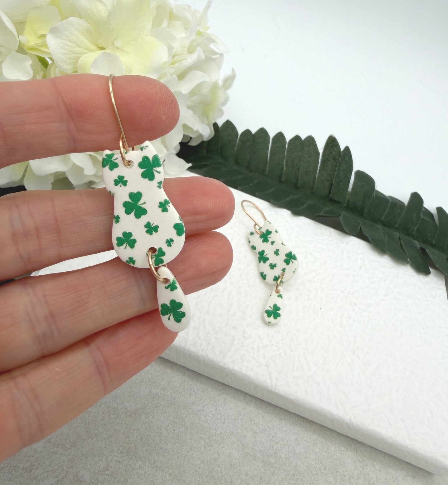 Earrings Made with White Polymer Clay Cats with a Green Clover Design  - PCE-968