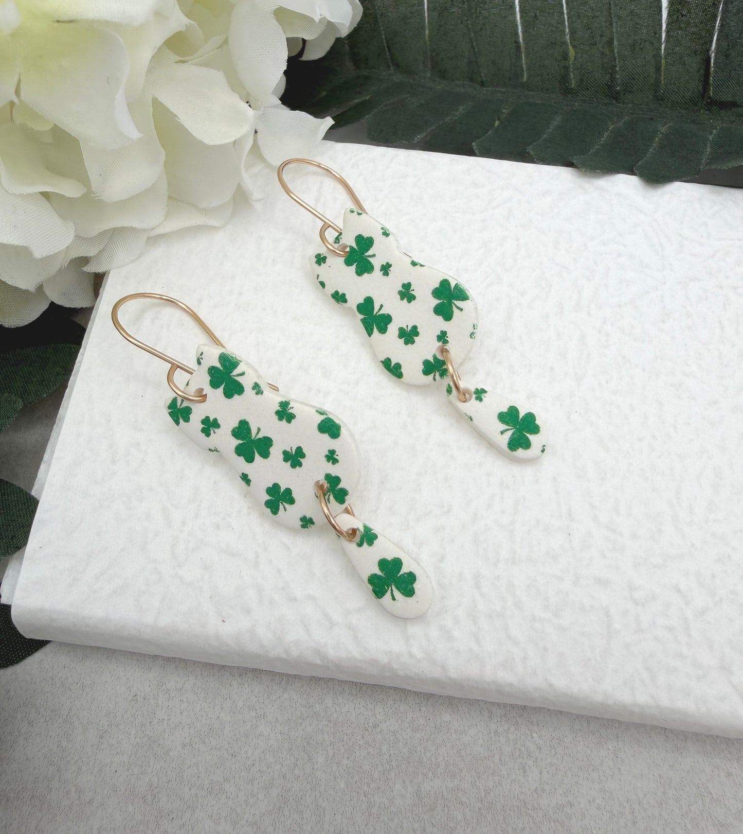 Earrings Made with White Polymer Clay Cats with a Green Clover Design  - PCE-968