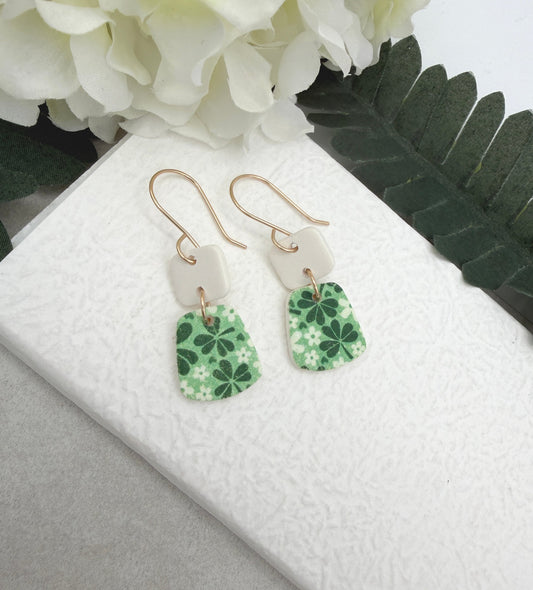 Earrings Made with White Polymer Clay Squares and Trapezoids with a Green Clover Design - PCE-969