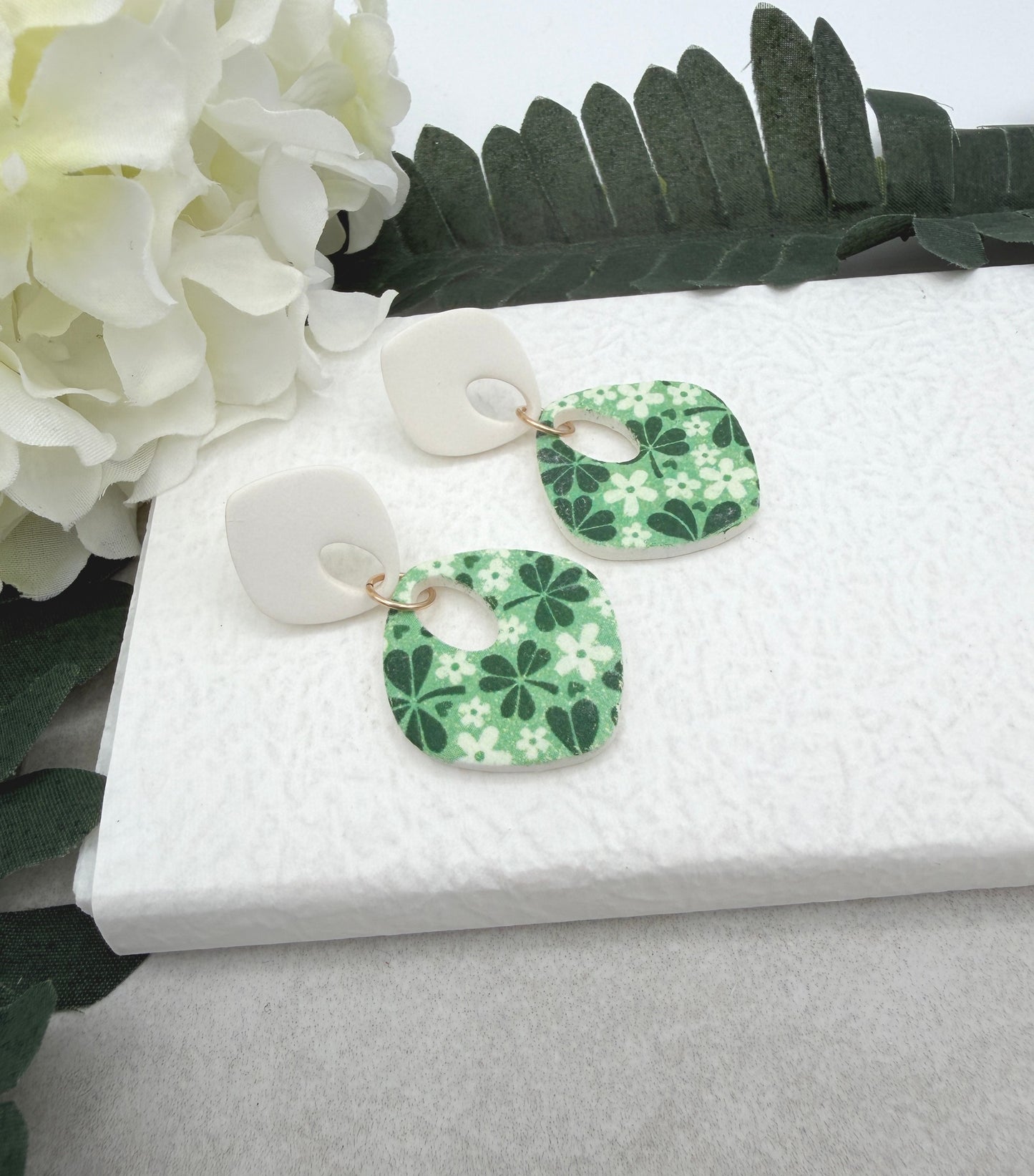 Earrings Made with White Polymer Clay teardrops with a Green Clover Design - PCE-970