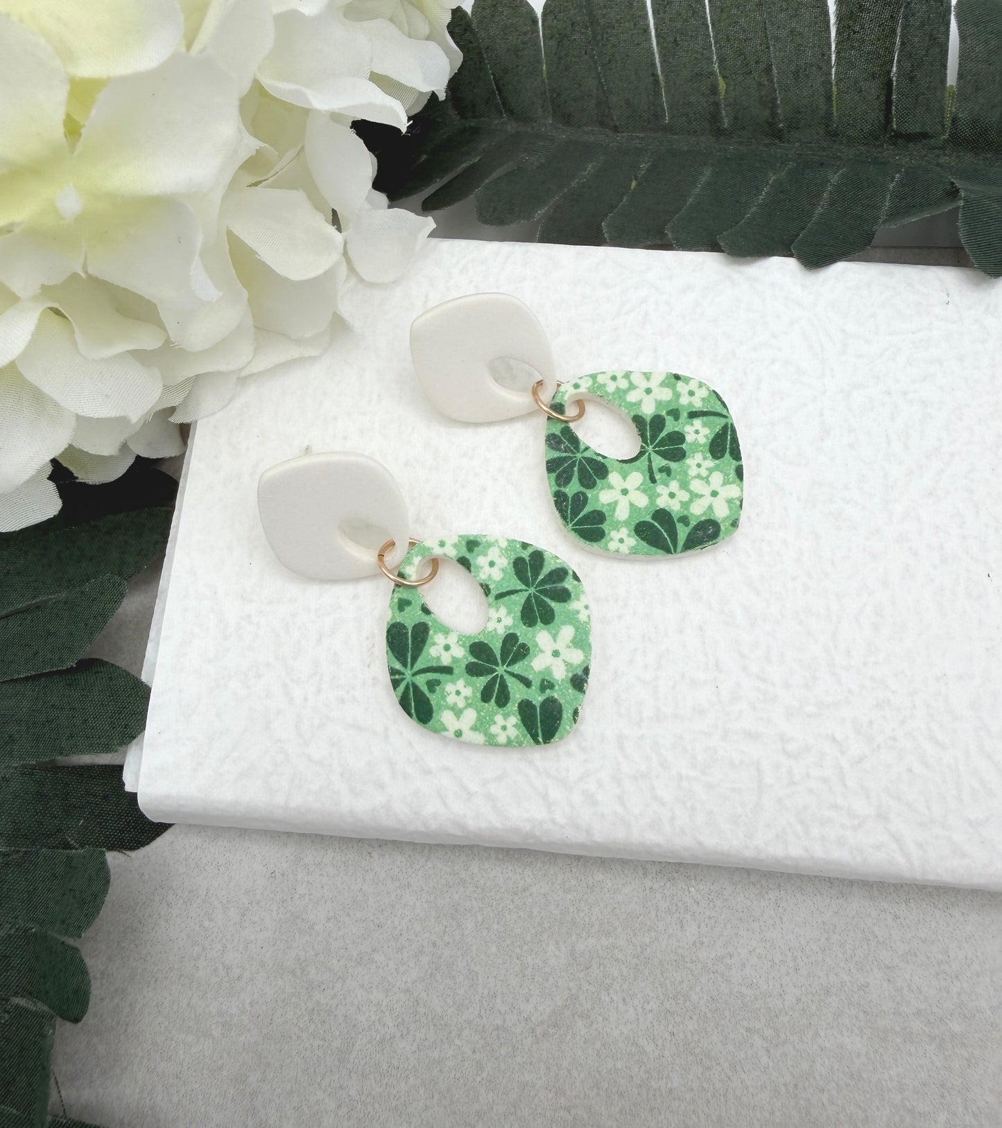 Earrings Made with White Polymer Clay teardrops with a Green Clover Design - PCE-970