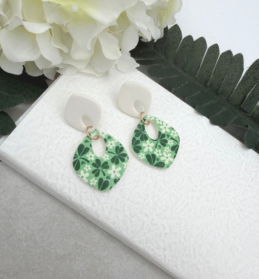 Earrings Made with White Polymer Clay teardrops with a Green Clover Design - PCE-970