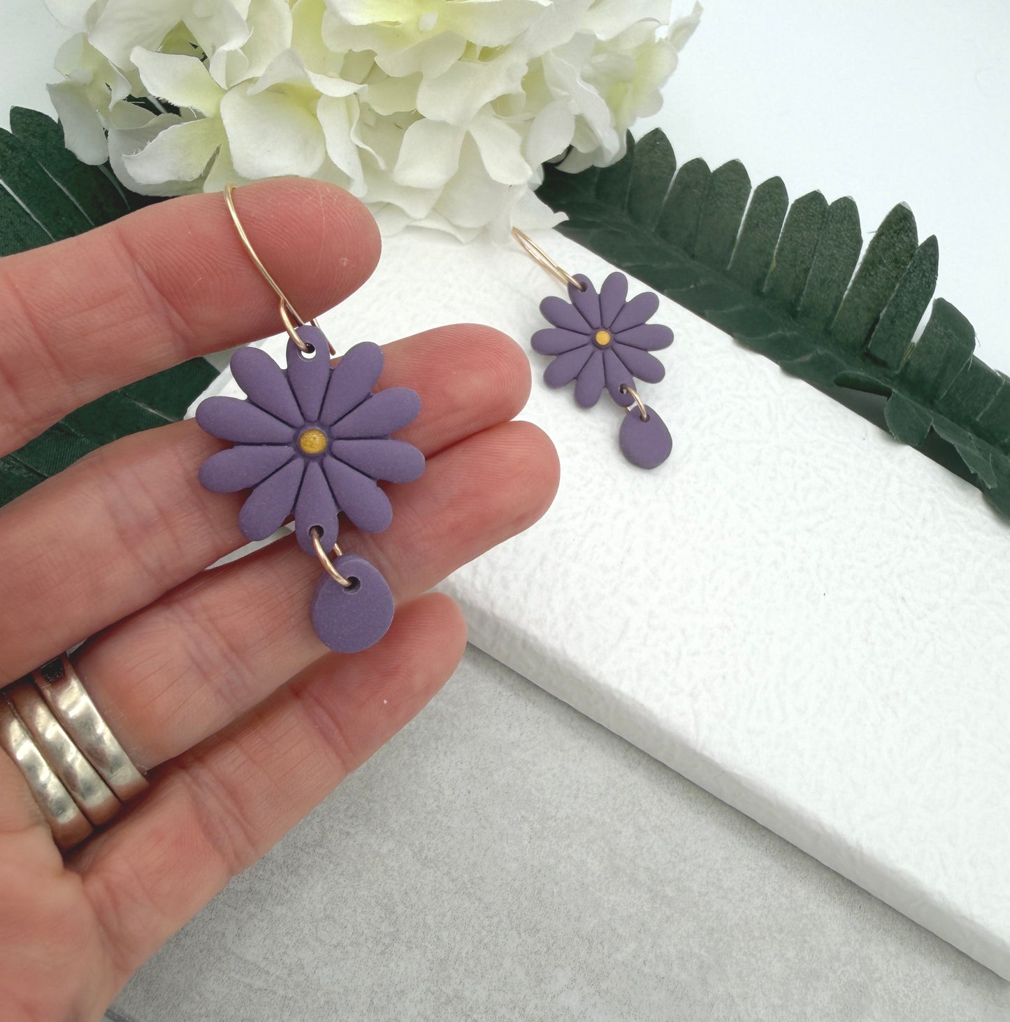 Earrings Made with Purple Polymer Clay Flowers and Teardrops PCE-971