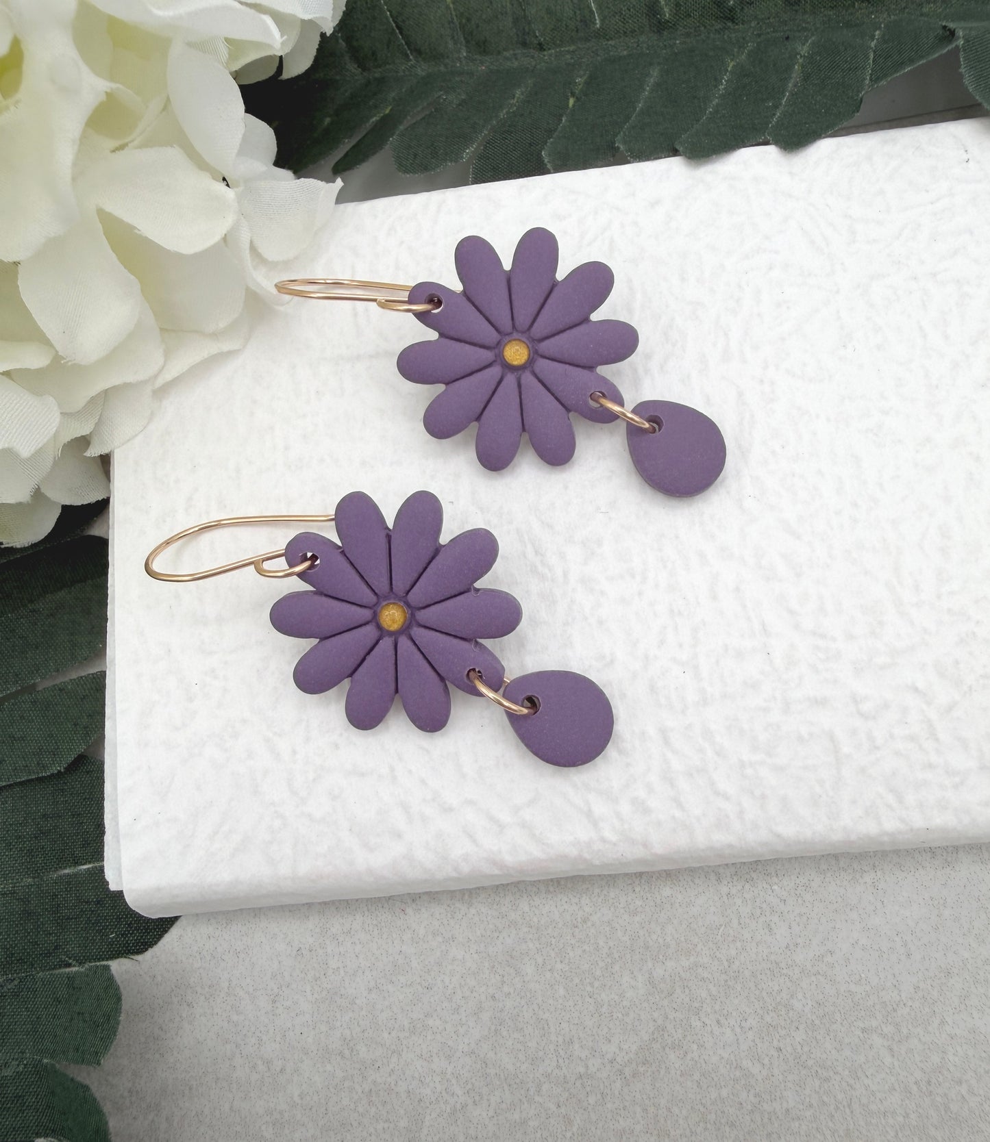 Earrings Made with Purple Polymer Clay Flowers and Teardrops PCE-971