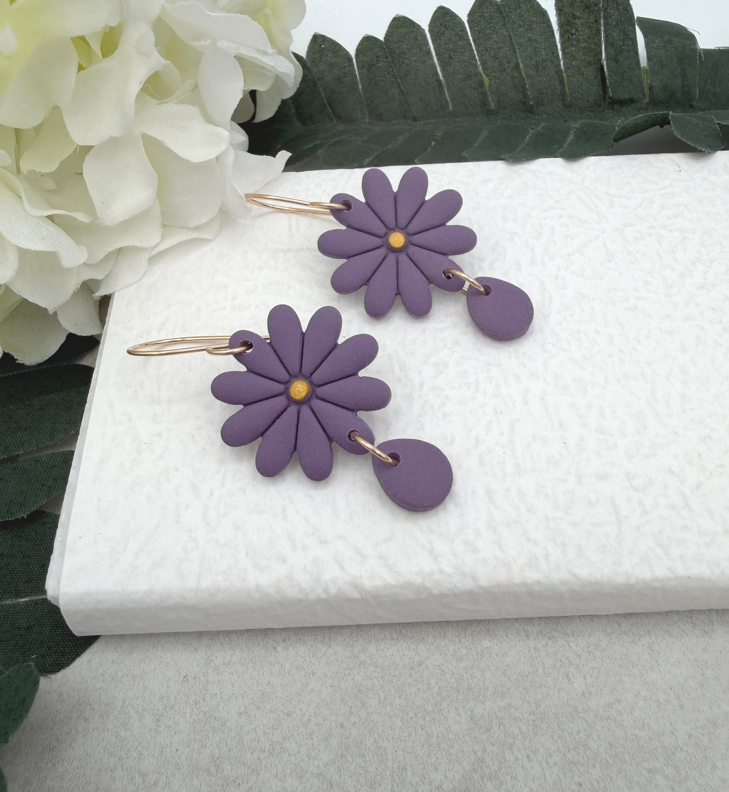 Earrings Made with Purple Polymer Clay Flowers and Teardrops PCE-971