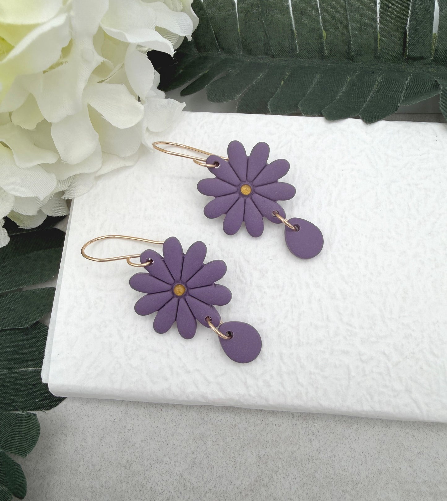 Earrings Made with Purple Polymer Clay Flowers and Teardrops PCE-971