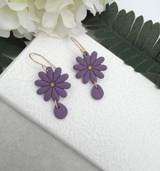 Earrings Made with Purple Polymer Clay Flowers and Teardrops PCE-971