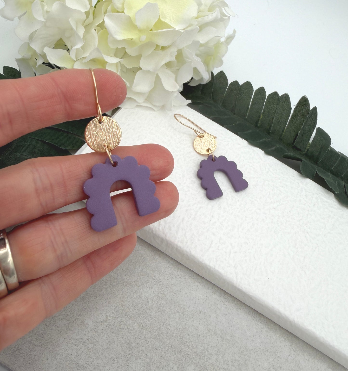 Earrings Made with Purple Polymer Clay Petal Arches and Gold Plated Circles PCE-972