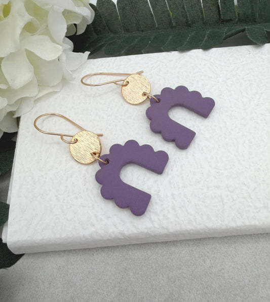 Earrings Made with Purple Polymer Clay Petal Arches and Gold Plated Circles PCE-972