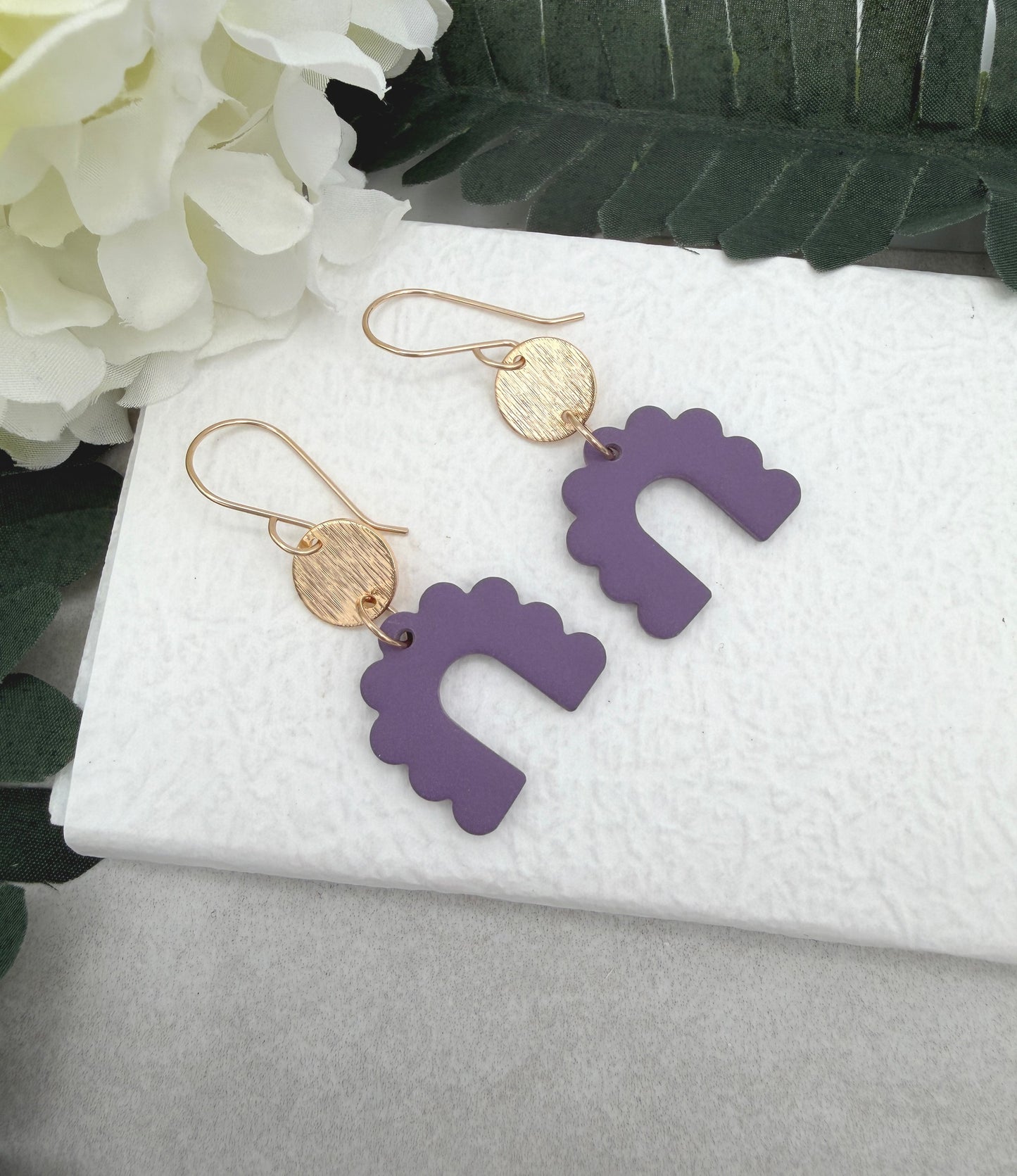 Earrings Made with Purple Polymer Clay Petal Arches and Gold Plated Circles PCE-972