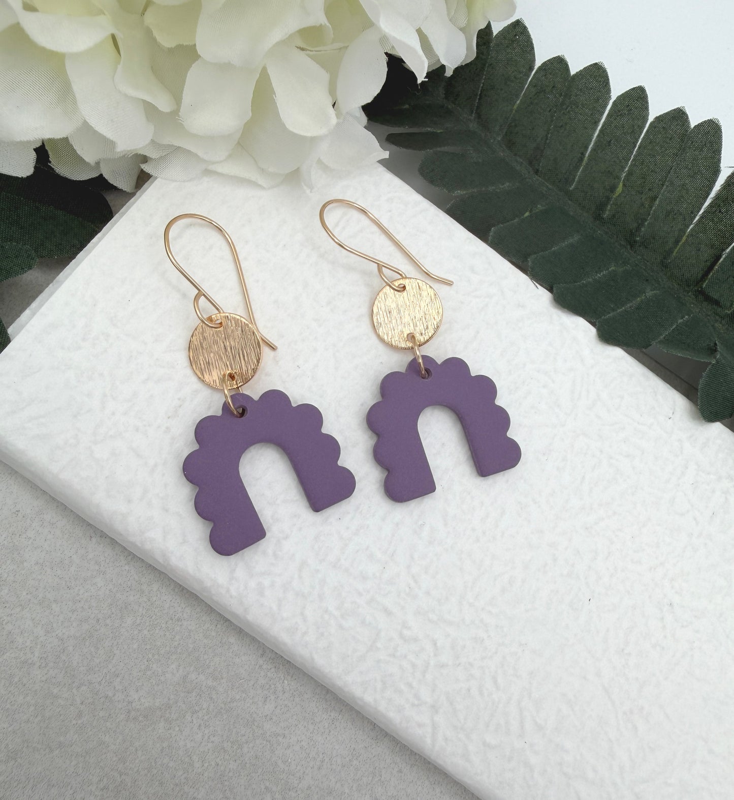 Earrings Made with Purple Polymer Clay Petal Arches and Gold Plated Circles PCE-972