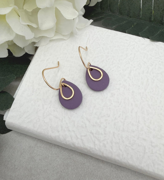Earrings Made with Purple Polymer Clay Teardrops with Gold Plated Teardrops PCE-974