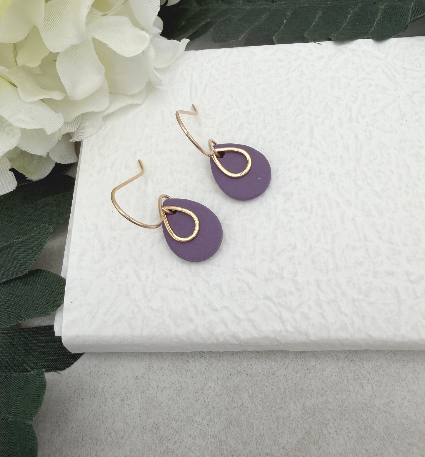 Earrings Made with Purple Polymer Clay Teardrops with Gold Plated Teardrops PCE-974