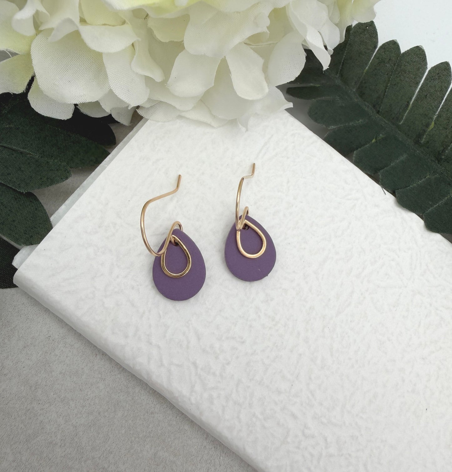 Earrings Made with Purple Polymer Clay Teardrops with Gold Plated Teardrops PCE-974